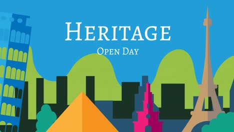 Animation-of-heritage-open-day-text-over-landmarks-on-blue-background