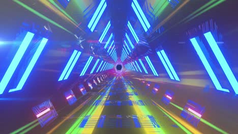 Animation-of-blue-neon-shapes-tunnel-moving-in-seamless-loop-over-light-trails