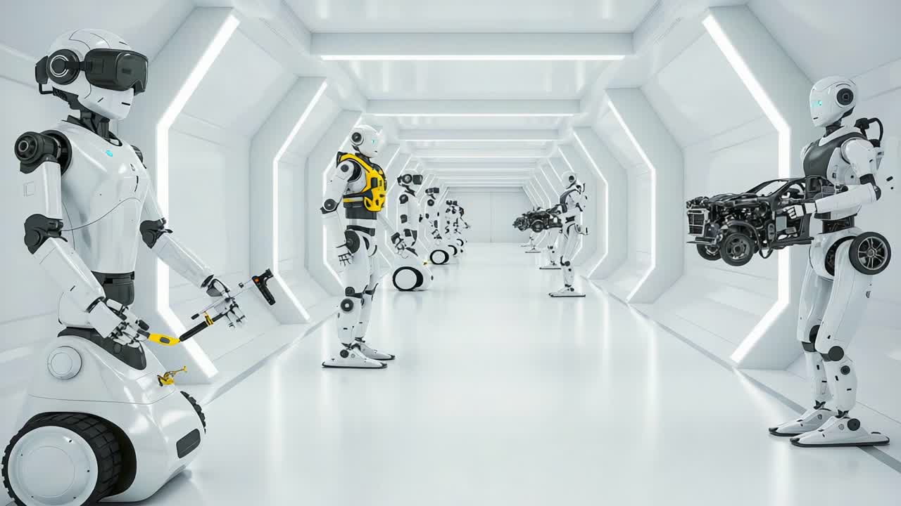 Futuristic Robotics: A Glimpse into Advanced Automation with Humanoid Robots in a Sleek, Modern Corridor Designed for High-Tech Manufacturing and Innovation