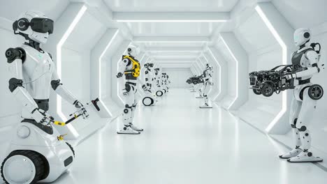 futuristic robotics: a glimpse into advanced automation with humanoid robots in a sleek, modern corridor designed for high-tech manufacturing and innovation