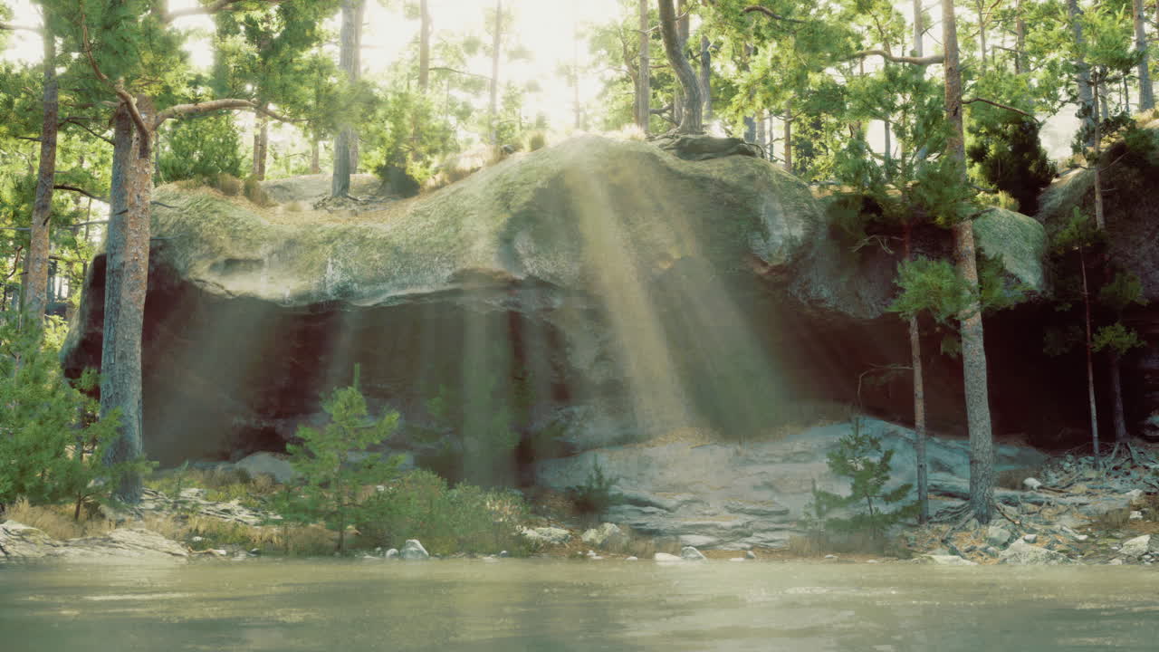 Sunlight streams through trees illuminating a serene lakeside landscape