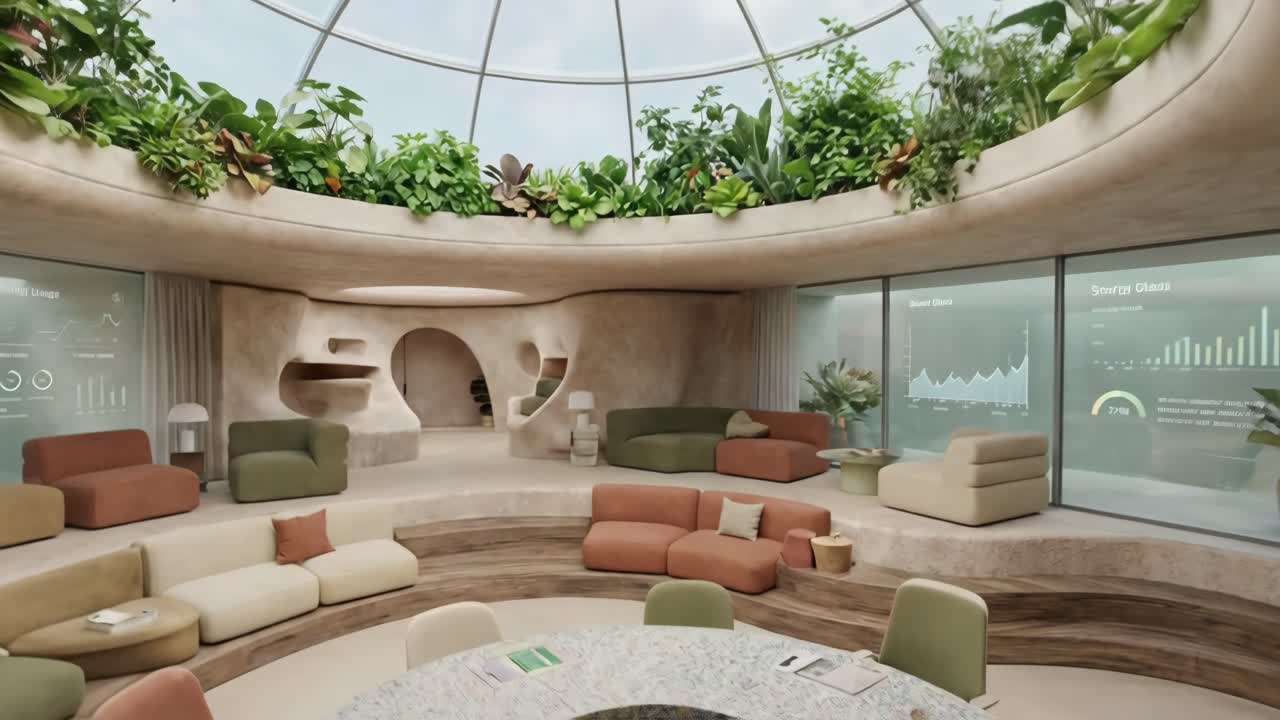 Futuristisk biofilt mødelokale med smart teknologi og grønt design