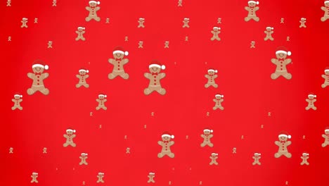 Animation-of-gingerbread-men-falling-on-red-background