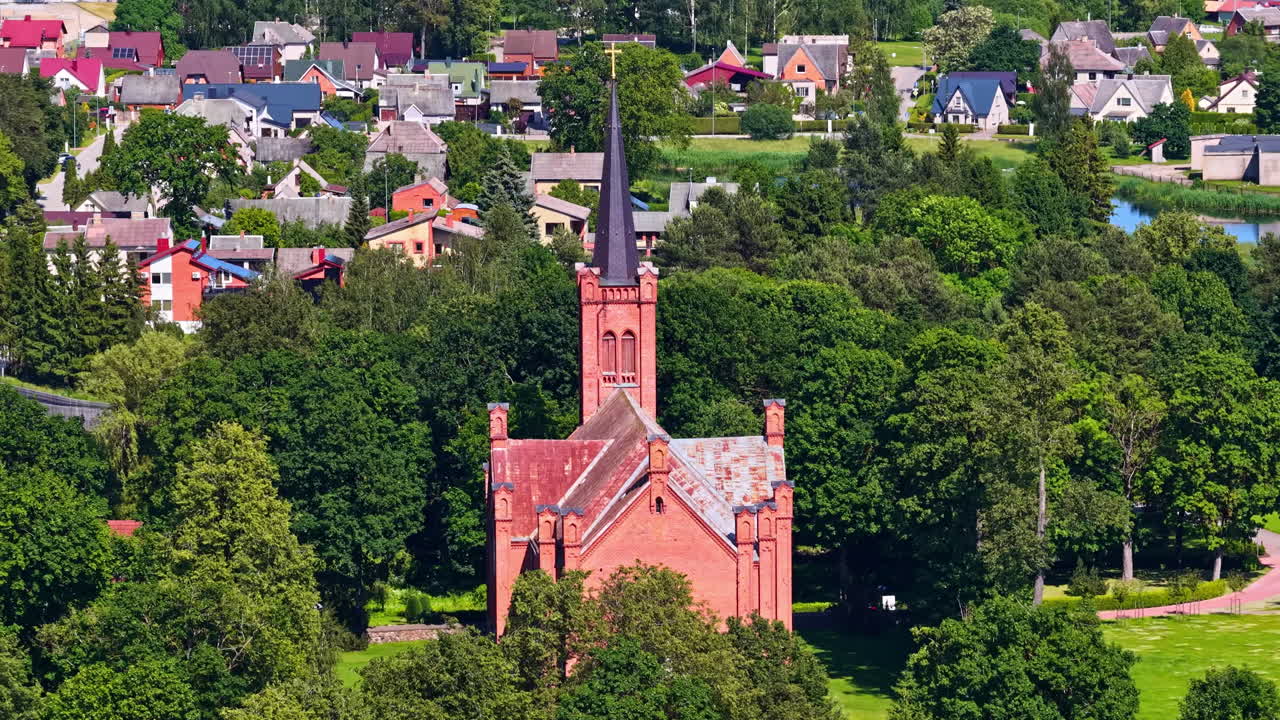 Lithuanian Evangelical Reformed Church in Biržai, Lithuania tower, aerial drone