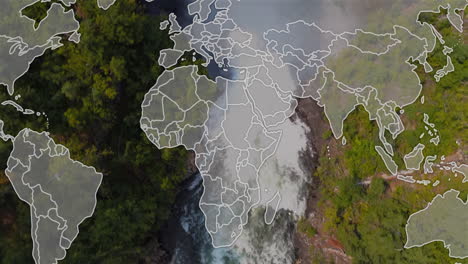 animation of continent outlines overlaying lush waterfall and forest landscape
