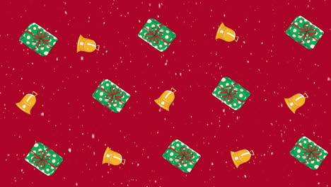 animación de campanas de navidad y regalos que se mueven con nieve cayendo sobre un fondo rojo