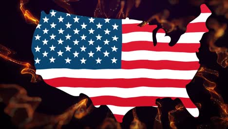 Confetti-falling-over-american-flag-design-over-us-map-against-digital-waves-on-black-background