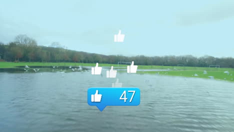 bright blue like bubble showing 46 floating over flooded soccer pitch with seagulls, goalposts