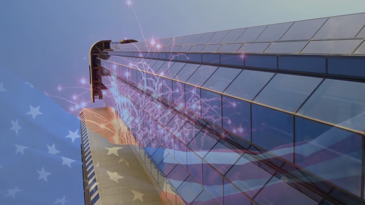 미국 발을 흔들고 도시 풍경 위에 불꽃놀이를 하는 애니메이션