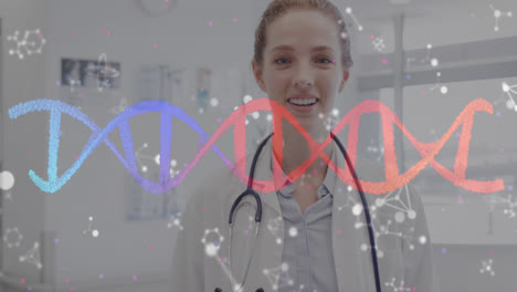 animación de cadena de adn y moléculas sobre feliz mujer médica caucásica con estetoscopio