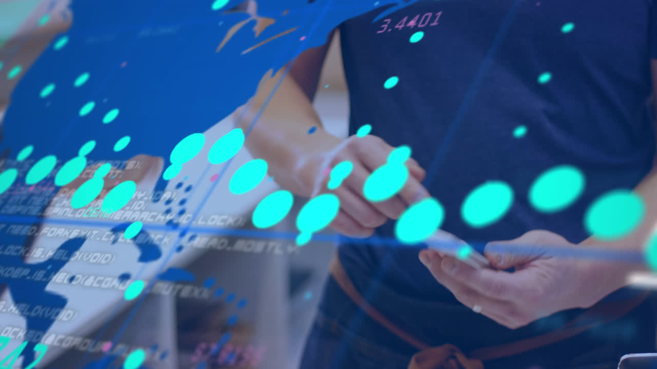 결제 터미널을 사용하는 사람들에 대한 디지털 인터페이스의 애니메이션