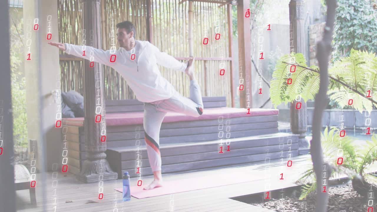 Man stepping onto yoga mat on veranda initiating dancer's pose boosting balance with animated lines
