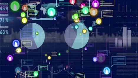 animación de iconos de redes sociales y procesamiento de datos estadísticos contra un fondo azul