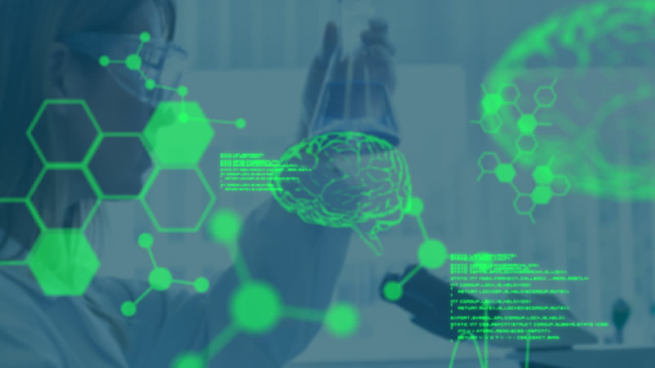 animación del procesamiento de datos y el cerebro digital sobre una científica caucásica