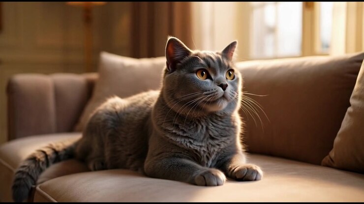 British Shorthair Cat Resting on a Comfortable Sofa