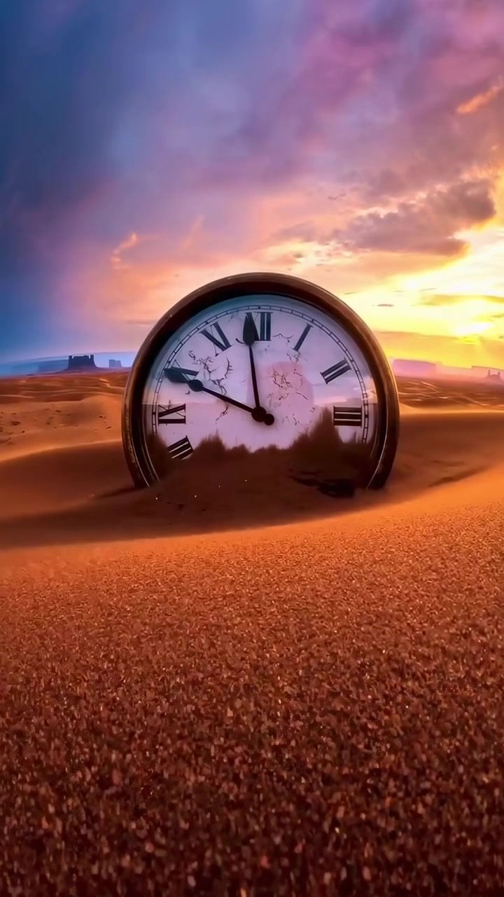 Orologio antico sepolto nella sabbia del deserto sotto un cielo mutevole.
