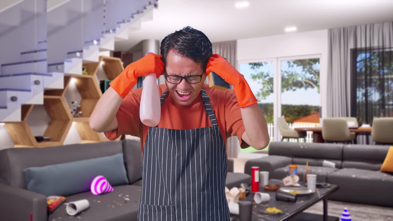 Asian Male Housekeeper With An Apron With A Spray And Kitchen Sponge Then Having A Headache In House