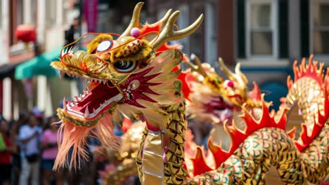 golden chinese dragon parading through the streets of chinatown during chinese new year celebrations, creating a vibrant spectacle of culture and tradition