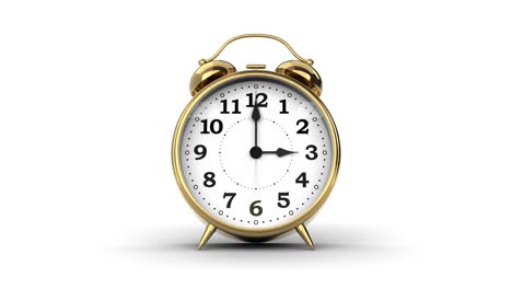 el tiempo pasa en el reloj despertador clásico contra un fondo blanco, bucle sin costuras