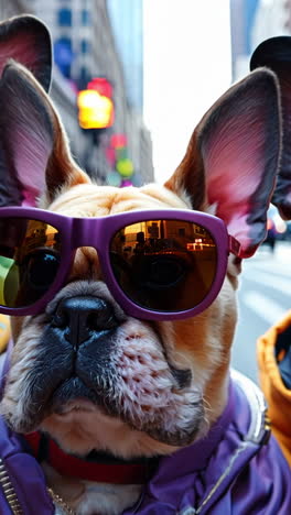 three dogs wearing sunglasses and jackets pose for a photo. scene is playful and fun vertical video