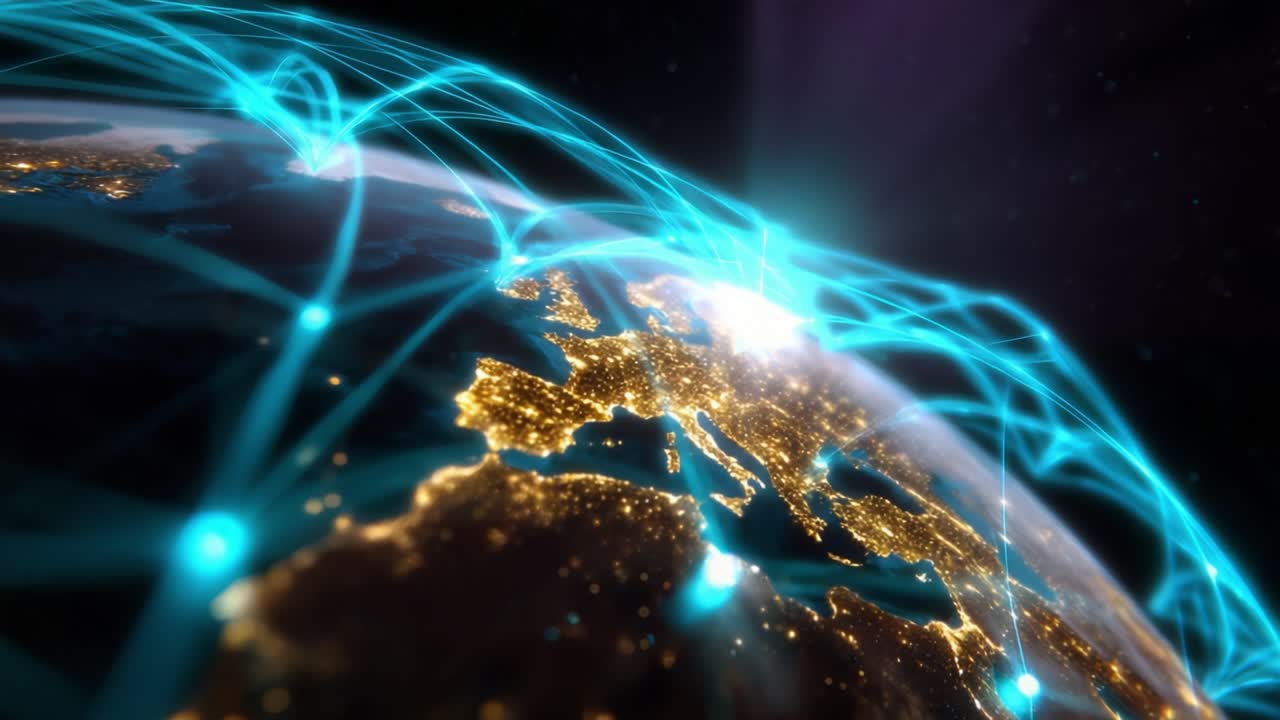A Stunning Visualization of Global Connectivity Using Advanced Digital Networks Illustrated by Brightly Lit European Cities and Dynamic Light Patterns Reflecting the Interconnectedness of the Modern World