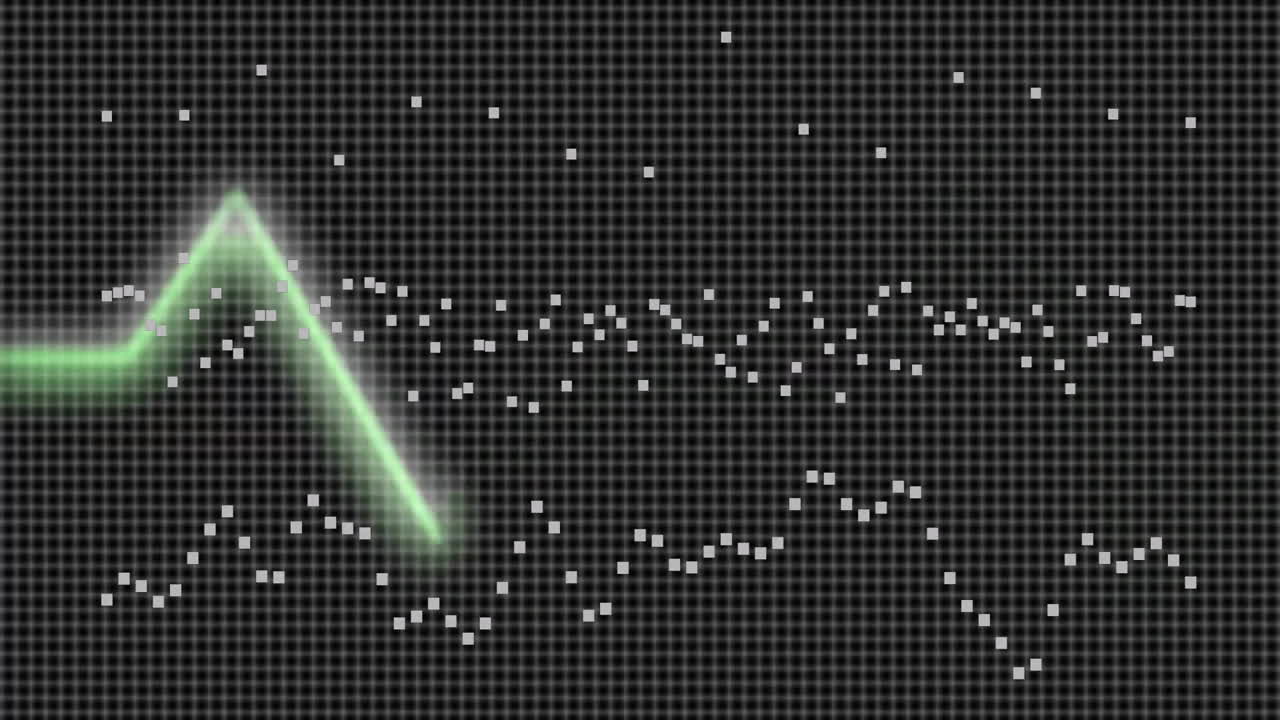 검은색 그리드 배경에 패턴을 형성하는  점, 데이터 시각화 애니메이션