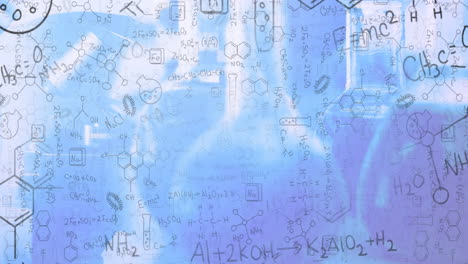 digital animation of chemical structures and equations floating against blue background