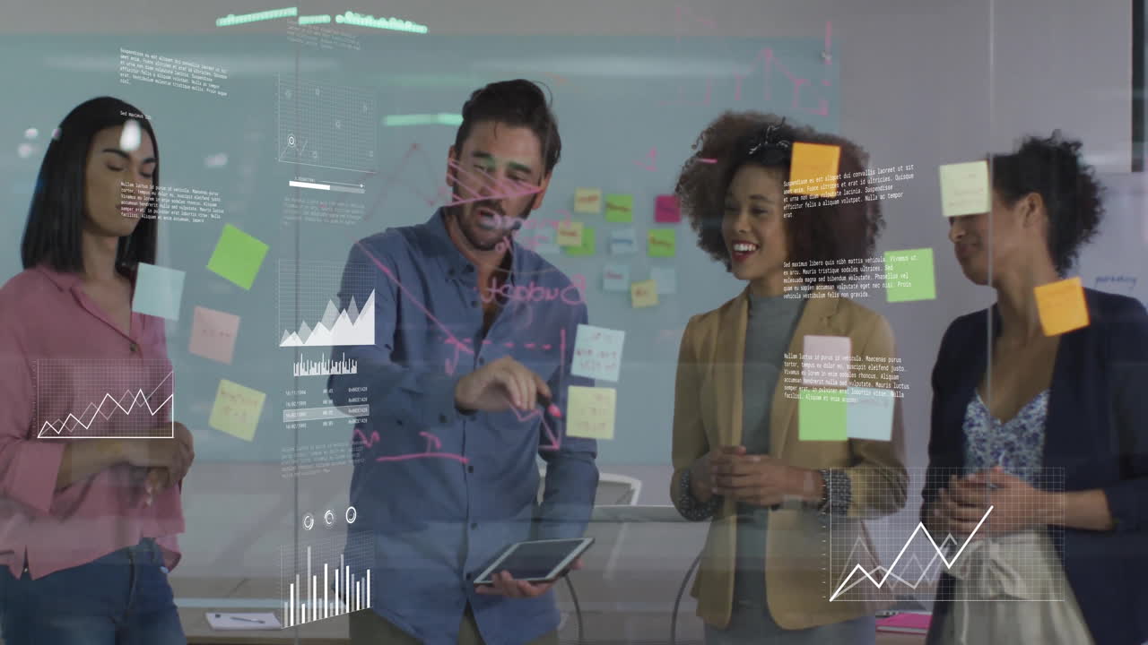 Collaborating on animation, diverse team in office working with data visualization