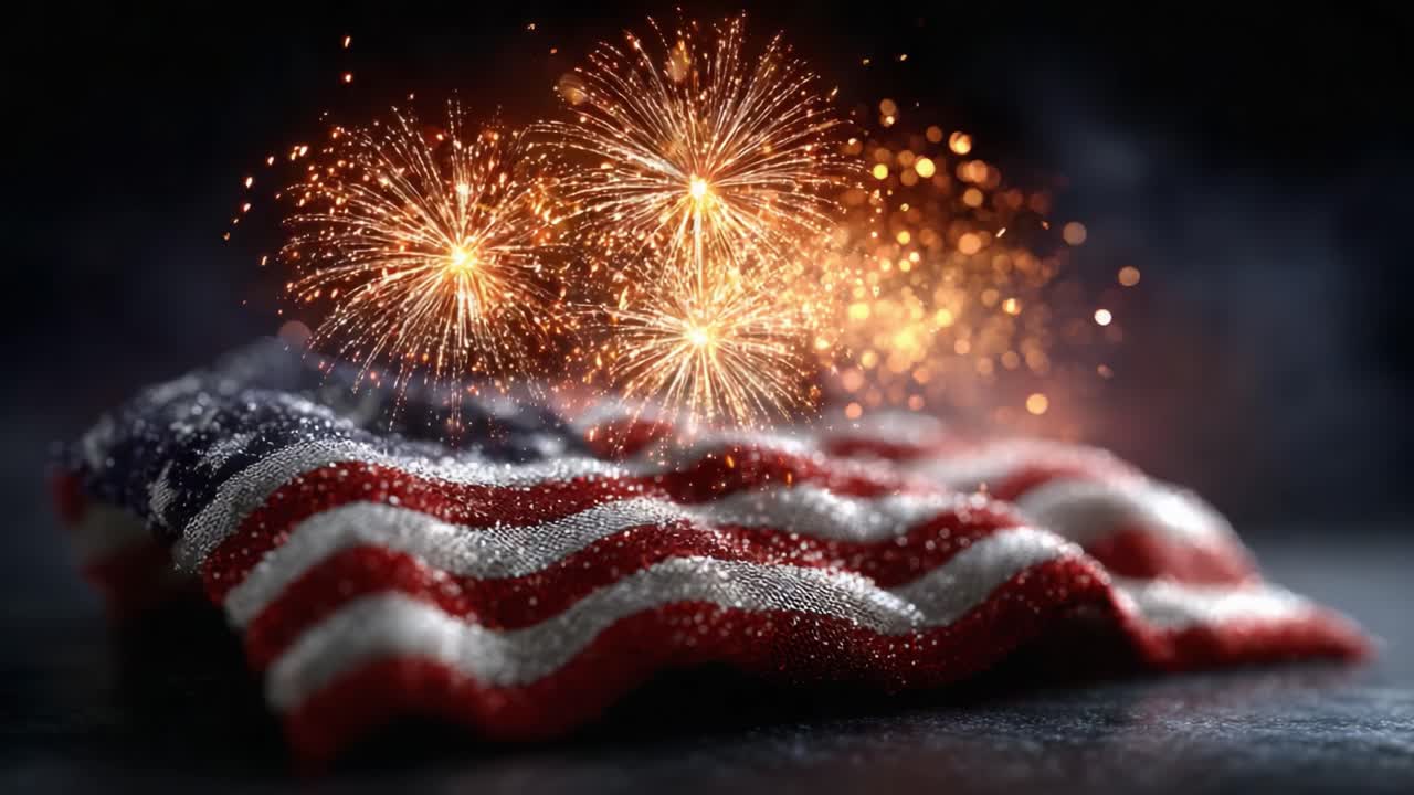 A Captivating Display of Sparkling Fireworks Above a Waving American Flag, Symbolizing Celebration and Patriotism with Glimmering Details and Vibrant Colors