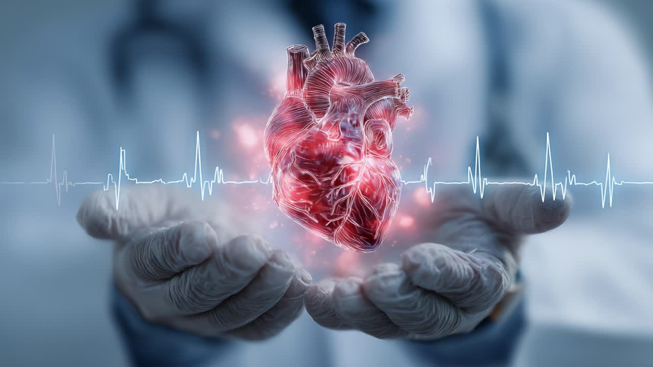 En imponerende visualisering af det menneskelige hjerte: Udforskning af krydsfeltet mellem medicin og teknologi med et lysende hjerte omgivet af en EKG-rytme i et professionelt medicinsk miljø.