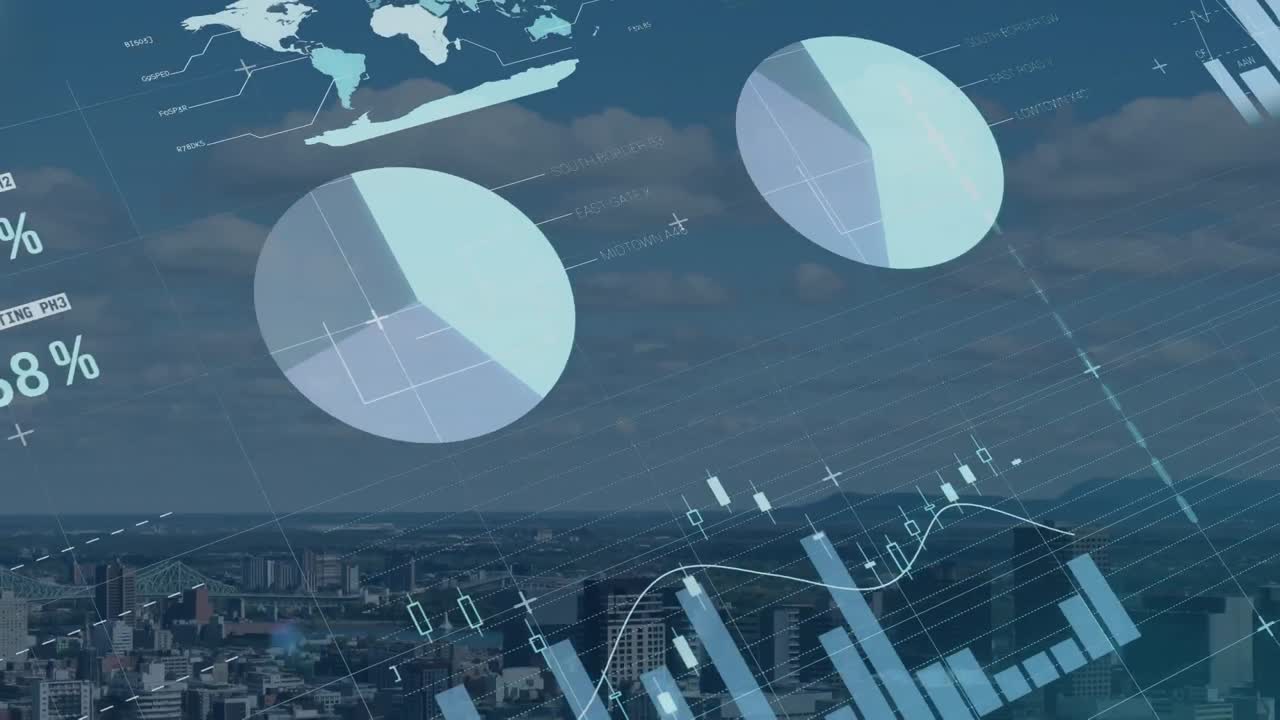 Animation of data processing with city in background