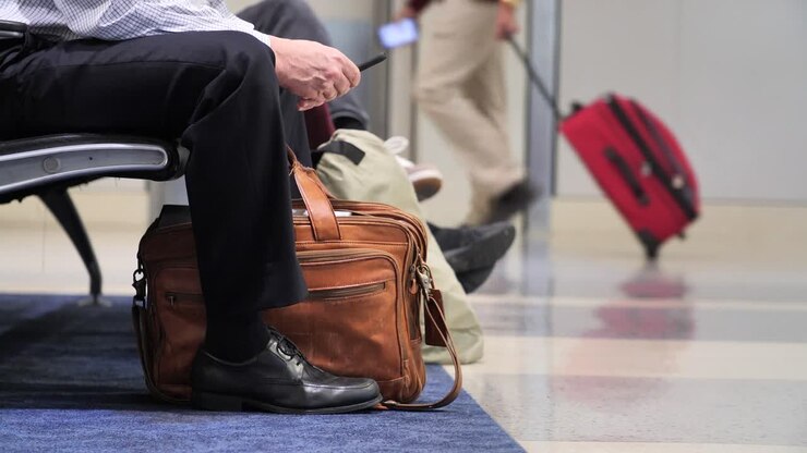 Uomo con ventiquattrore a terra ai piedi di un uomo d'affari in 4K all'aeroporto o alla stazione ferroviaria in attesa di imbarcarsi sul volo