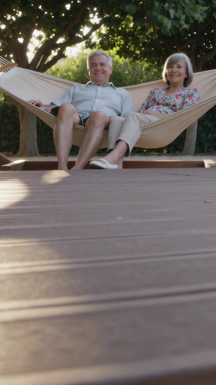 Vertical video: Tilting camera showing couple sitting on yard hammock man holding phone relaxing