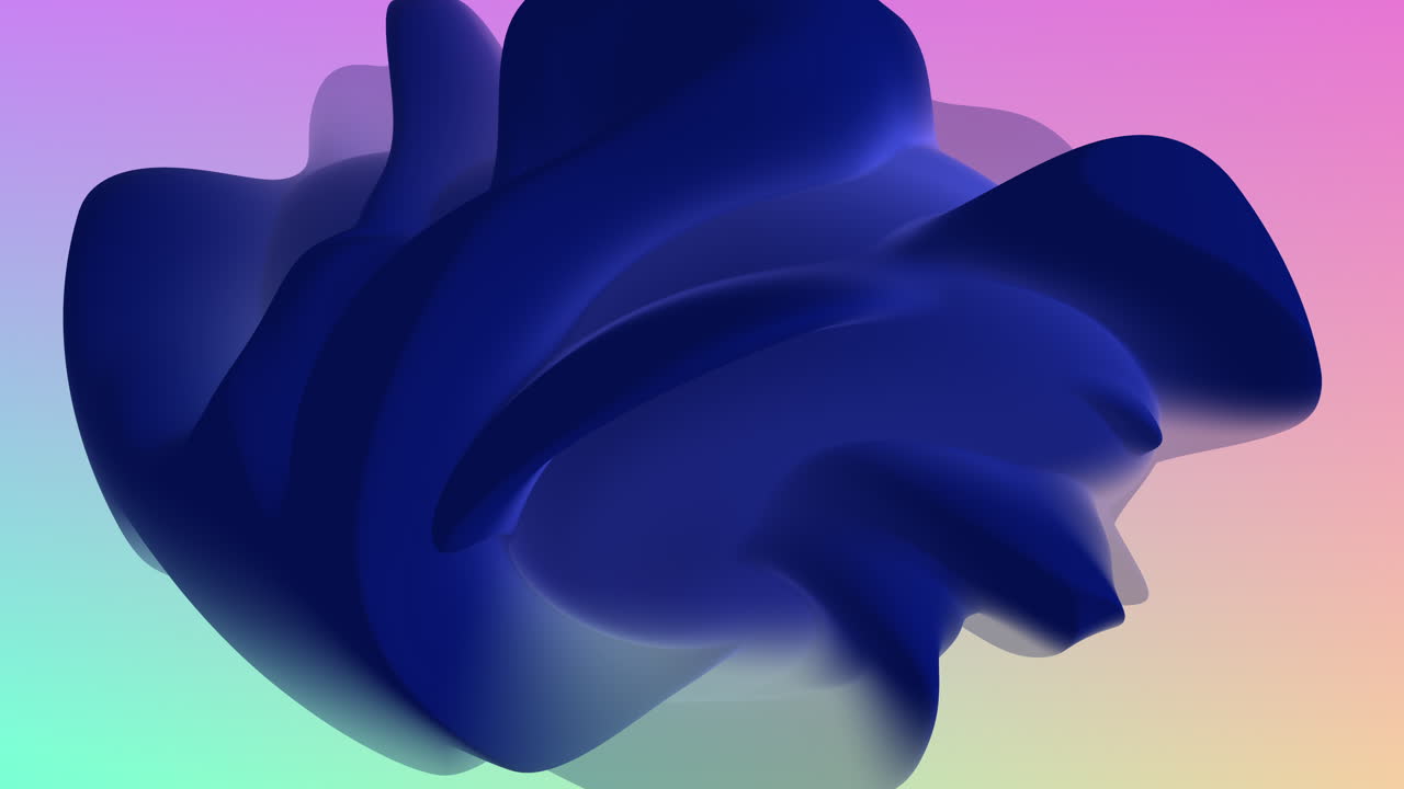 Dynamic abstract footage of a dark blue 3D fluid shape morphing smoothly over a soft pastel gradient background, ideal for modern design, motion graphics, presentations and creative visual projects