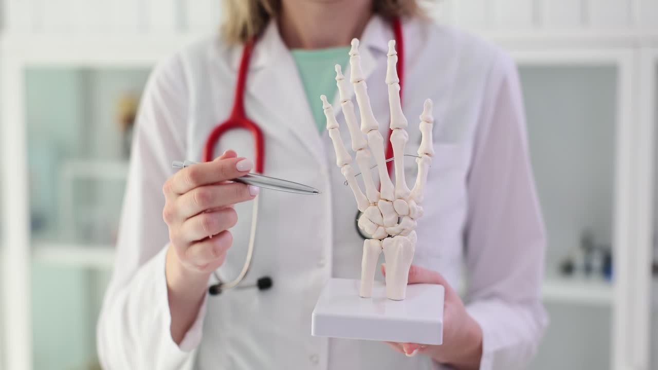 Medical Professional Explaining Hand Anatomy with Skeletal Model