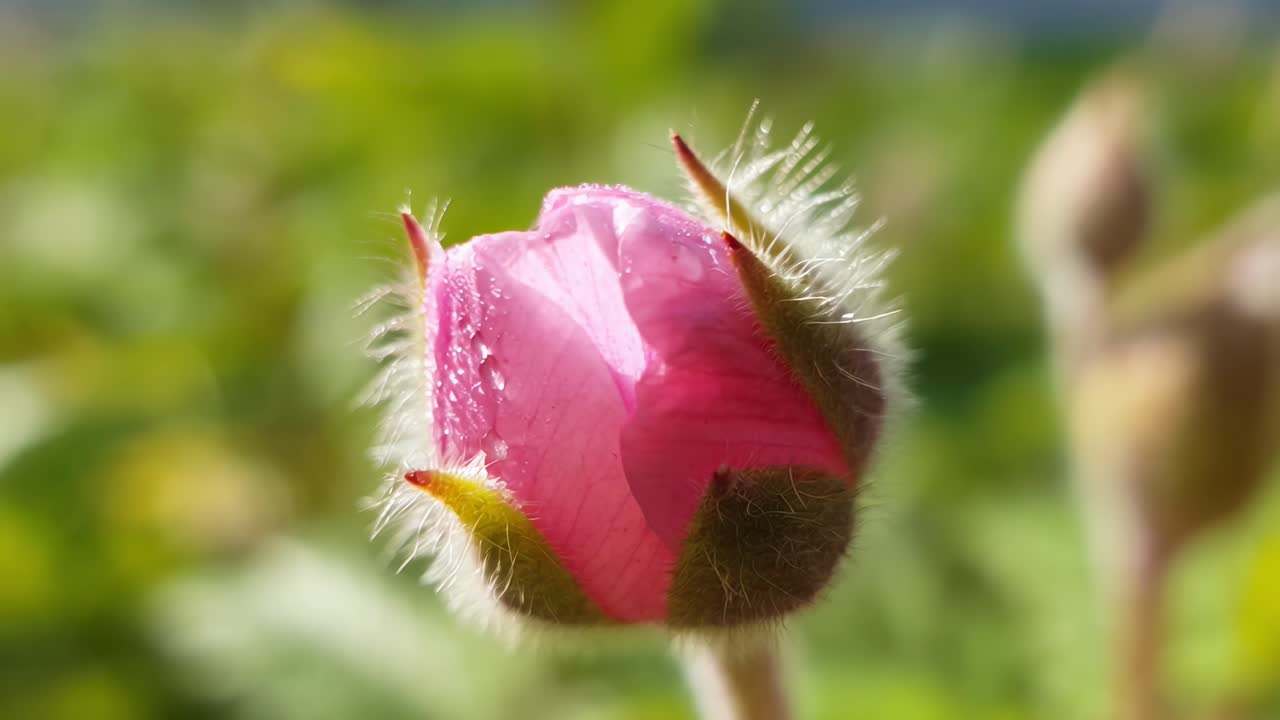 Vídeo em close-up de um botão de flor rosa orvalhado, capturado ao nível dos olhos, destacando a textura.