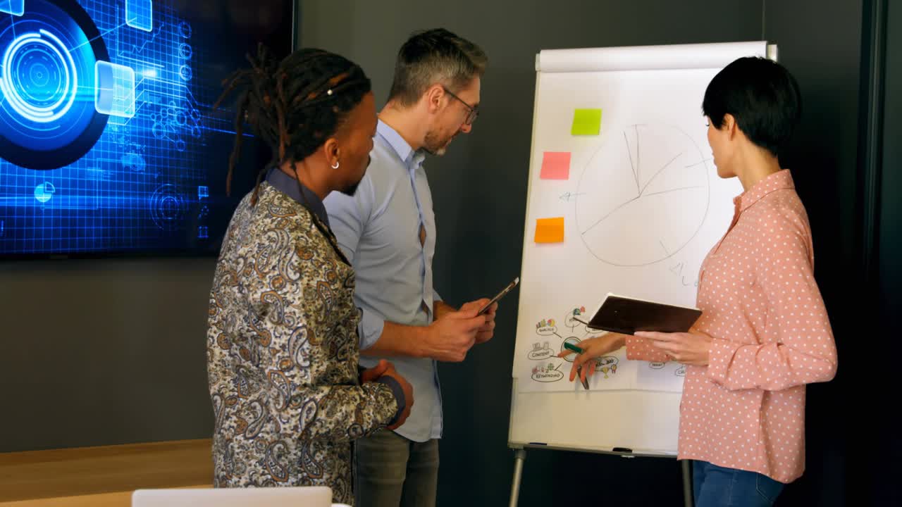 Team at chart resuming marketing after man tapping phone causing animated badges piling, receding