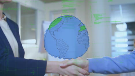 animation of globe and data processing over people shaking hands