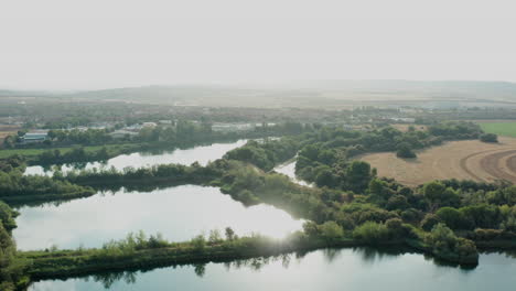 Foggy-Morning-over-Breathtaking-Rural-Landscape-in-Madrid,-Spain---Aerial-Tilt-down