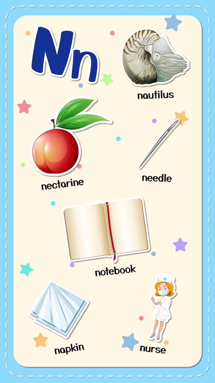 Animazione educativa verticale mostra la lettera N accanto a nettarina, tovagliolo, infermiera, quaderno, nautilus e ago