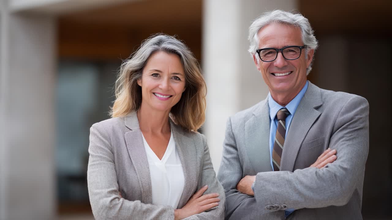 A Confident Professional Couple Standing Together Outside, Smiling and Showcasing Their Expertise in a Modern, Bright Environment