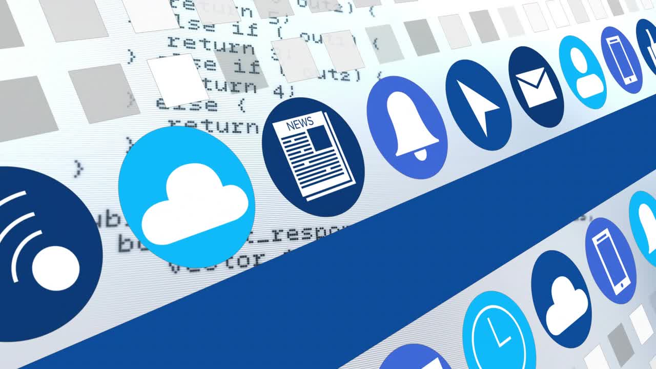 Playhead starting animation, diagonal ribbon of blue icons sliding and scaling to show connectivity