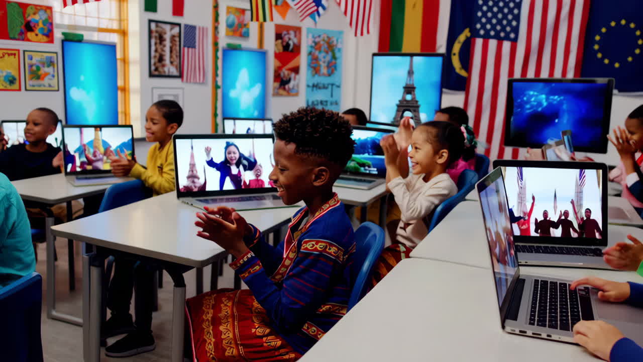 Diverse Students Engage with Laptops in a Multicultural Classroom