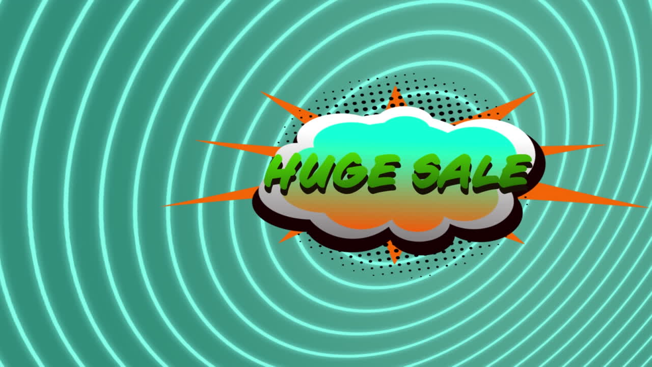 녹색 배경에 나선형 빛 트레일에 대한 레트로 연설 거품 위에 거대한 판매 텍스트