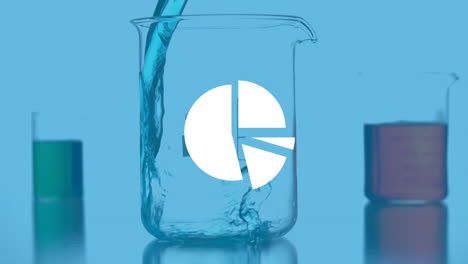 animación del procesamiento de datos del gráfico de pastel sobre vasos de laboratorio con líquido sobre fondo azul