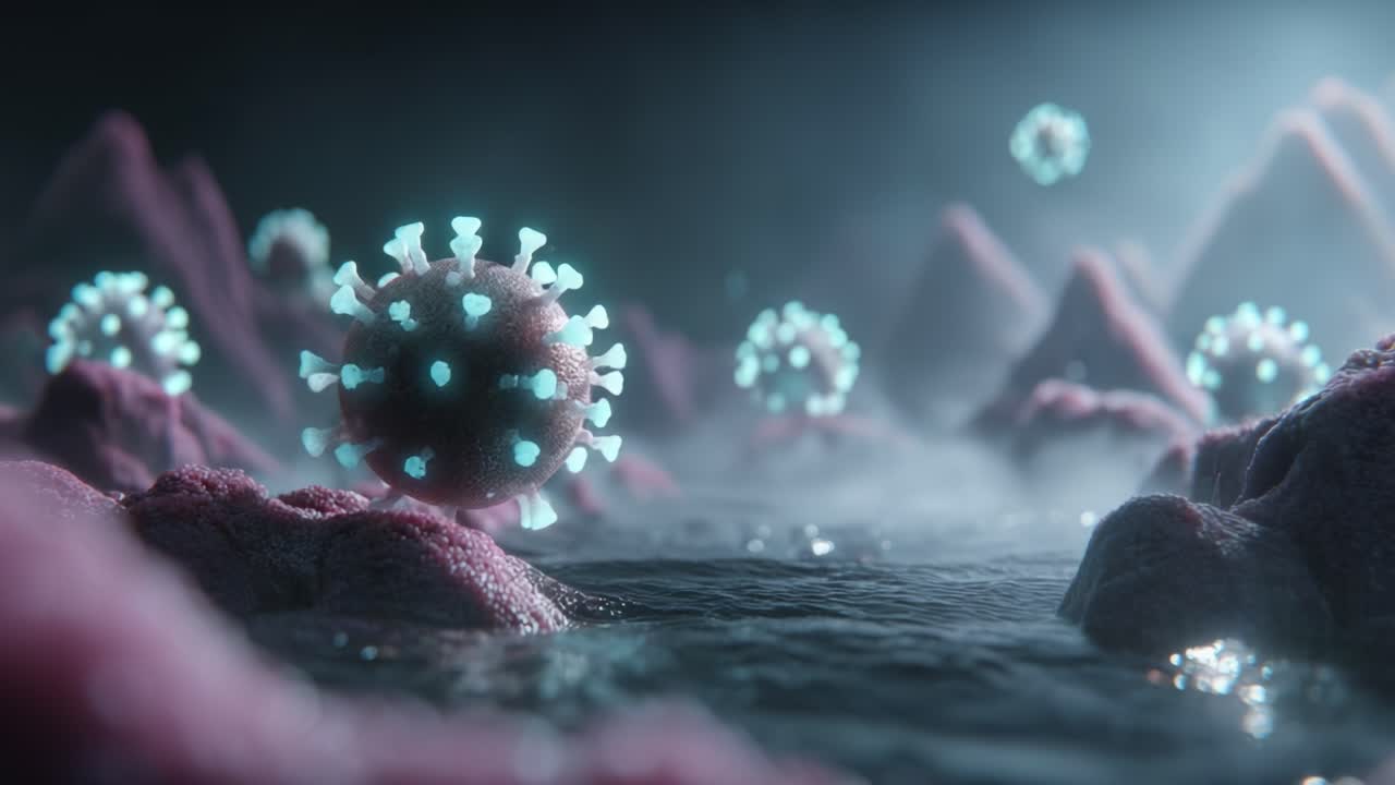 A Stunning Visualization of Viral Particles Amidst Fluid Landscapes, Capturing the Intricacies of Microbial Life and Its Interaction with the Environment