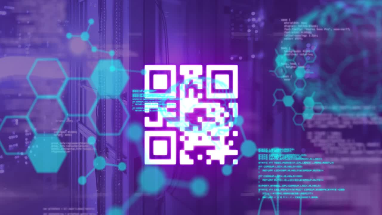 Animation of brain, scientific data and qr code over servers