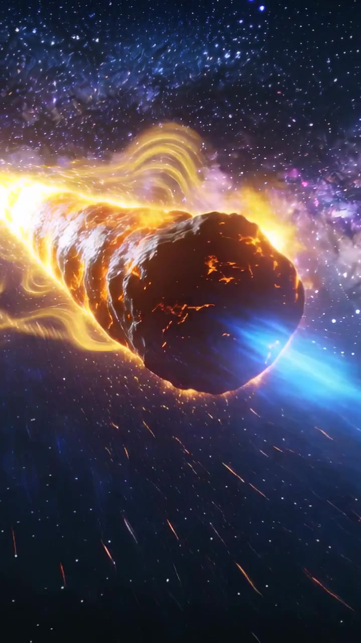 Video verticale: Roccia fusa rotante che mostra fessure che emettono un getto blu e plasma dorato vicino a una nebulosa.