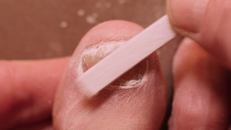 limpiando diligentemente una uña del dedo gordo infectada por hongos contra un telón de fondo marrón