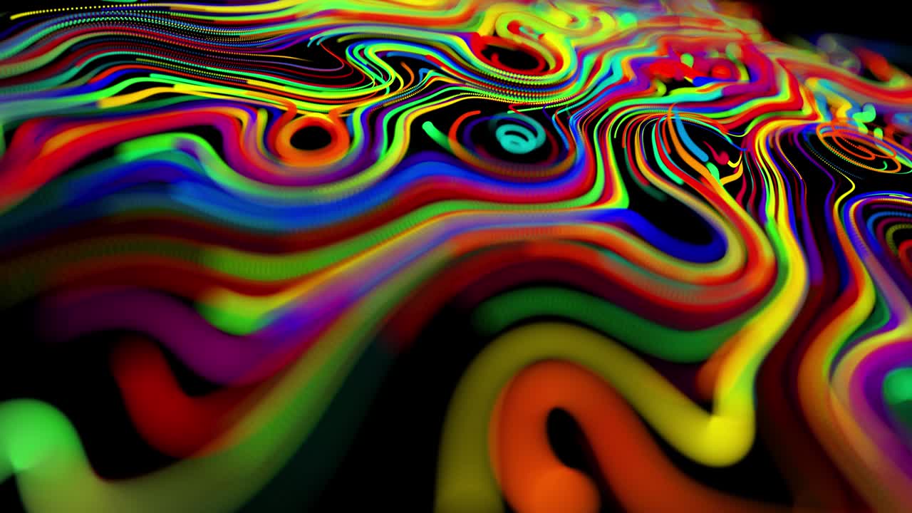 el flujo de partículas forma líneas rizadas como rastros de brillo de diferentes colores, las líneas forman un patrón giratorio como ruido de rizado. abstracto 3d bucle de flujo de animación como fondo festivo creativo brillante